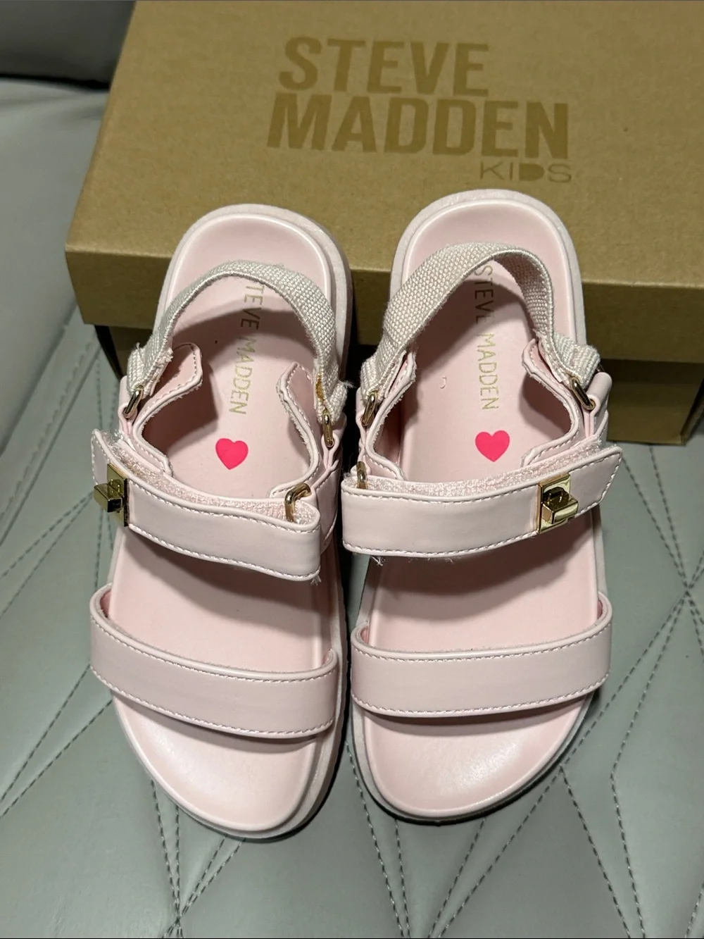 Steve Madden Kids Light Pink Velcro Strap Sandals with Gold Accents